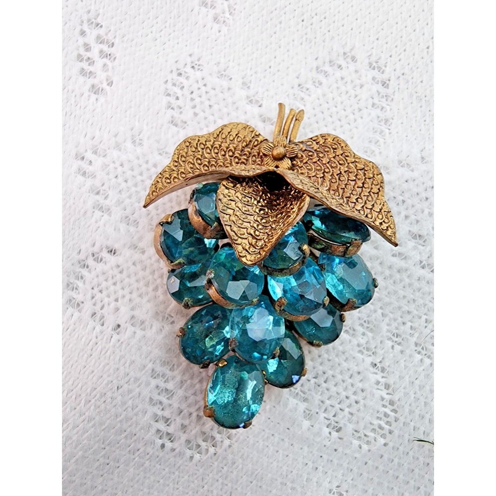 Vintage Blue Rhinestone Grape Cluster Brooch Edwardian Victorian Art Nouveau Pin